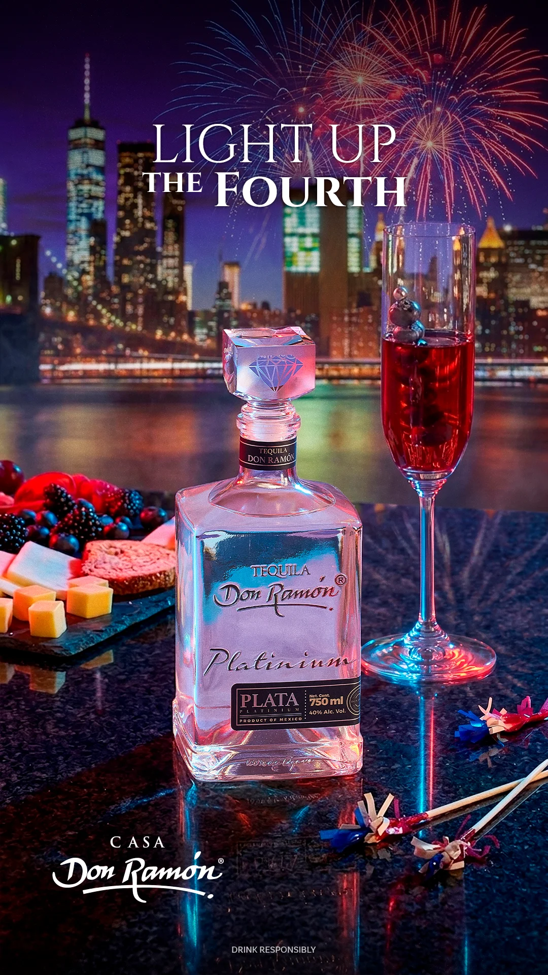 Ingredientes del cóctel Stars & Agave: tequila Platinium, jugo de arándano y cítricos