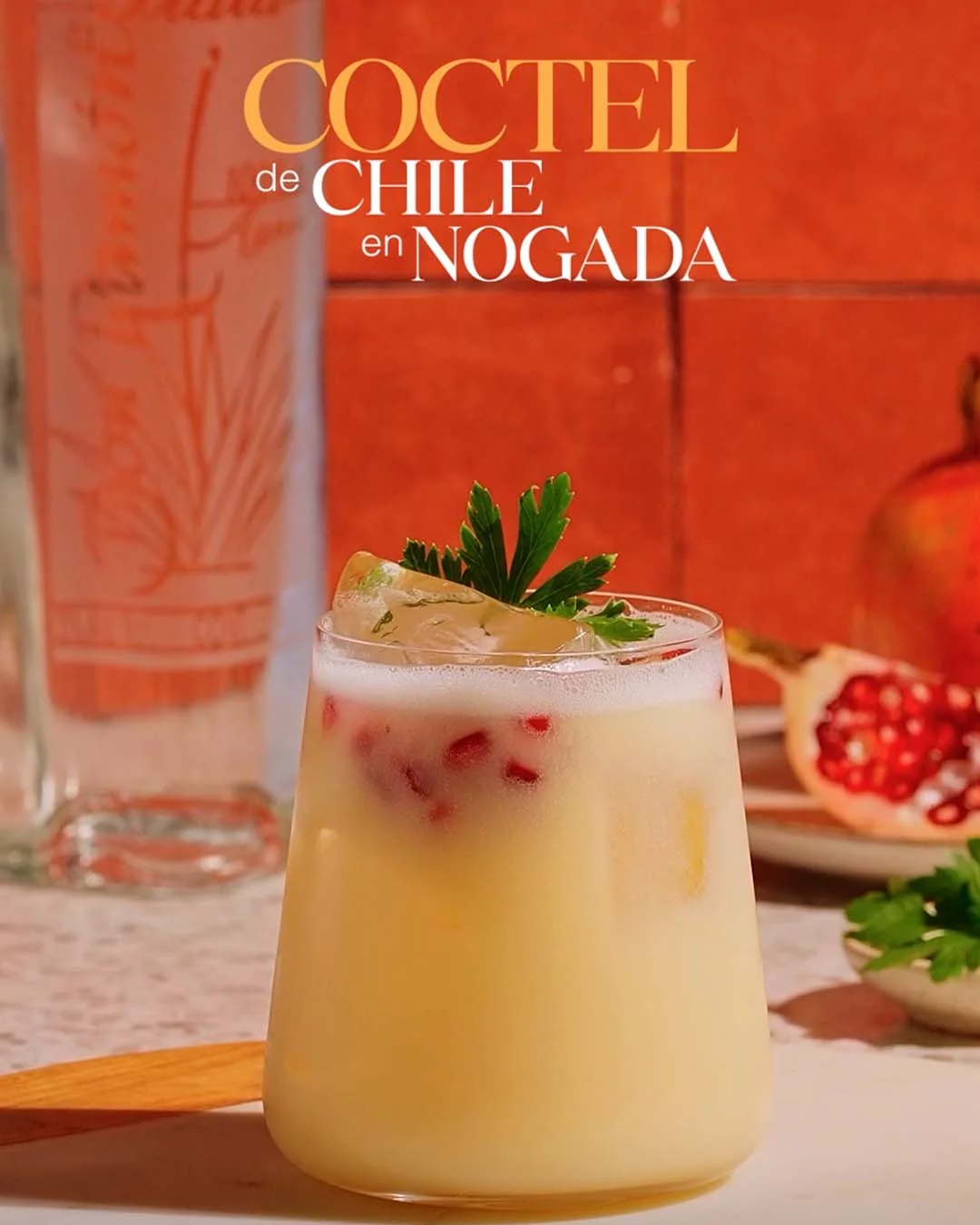 Cóctel Chile en Nogada con Tequila Don Ramón Punta Diamante, granada y perejil